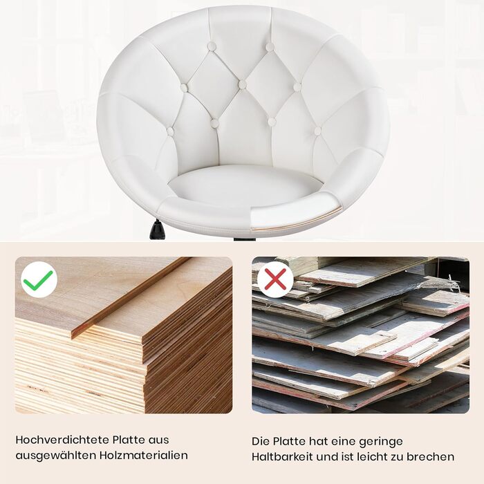 Крісло Yaheetech, Туалетне крісло, Крісло для домашнього офісу, Офісне крісло, Офісне крісло з регульованою висотою та м&39яким сидінням, Кругле поворотне крісло з колесами, Робоче крісло зі штучної шкіри, Біле