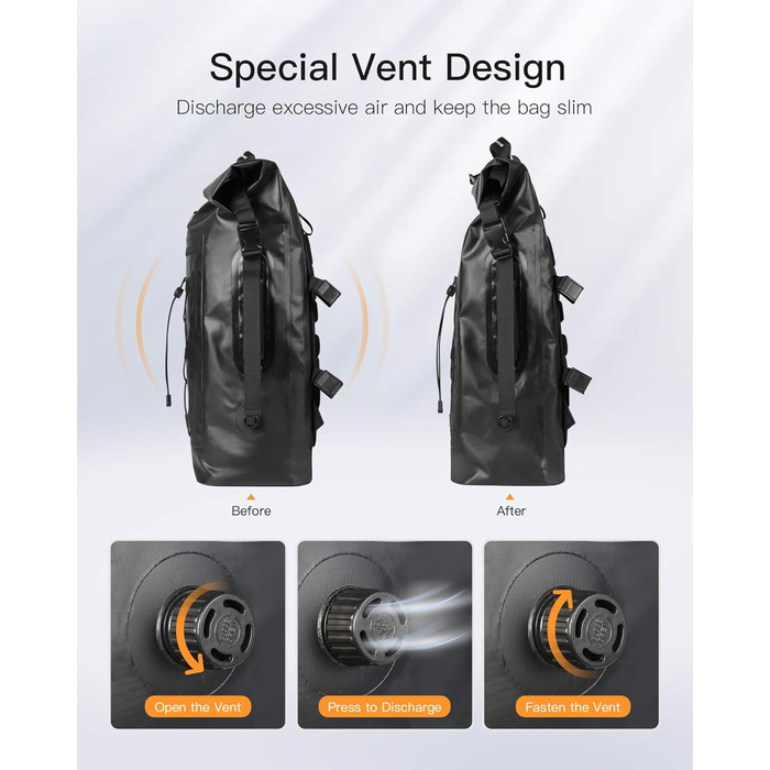 Рюкзак Inateck RollTop для чоловіків 30-35L водонепроникний багатофункціональний органайзер зі знімним плечовим ременем, випускним клапаном, водонепроникною блискавкою для їзди на велосипеді, походів на свіжому повітрі