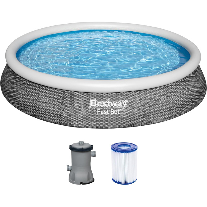 Басейн Bestway Fast Set, 396 x 84 см, набір з фільтруючим насосом, круглий, сірий ротанг