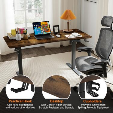 Електричний стіл UISEBRT з регульованою висотою, регульований комп&39ютерний стоячий стіл із портом зарядки Type-C, функцією пам&39яті, підсклянником, гачком для навушників для офісу (вінтажний коричневий, 160 x 60 см) Вінтажний коричневий 160 x 60 см