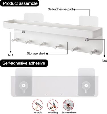Скромна ключниця з полицею, 6 гачків, самоклеюча настінна ключниця, маленький гачок для ключів для передпокою, вхідної зони, кухні