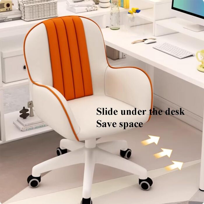 Туалетне крісло з колесами для невеликих приміщень, зручне офісне крісло для дівчат та жінок для макіяжу, шкіряні крісла з регульованою висотою для домашніх офісів зі спинкою (помаранчеве)