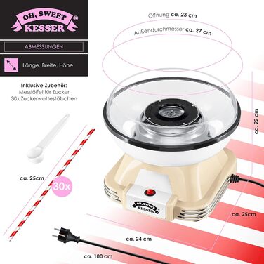 Набір машин для виробництва солодкої вати KESSER для вашого дому - З 30 паличками солодкої вати та мірною ложкою - Ретро машина для виробництва солодкої вати - Машина для виробництва солодкої вати з аксесуарами - Висота 22 см - 500 Вт Кремовий Білий Кремо