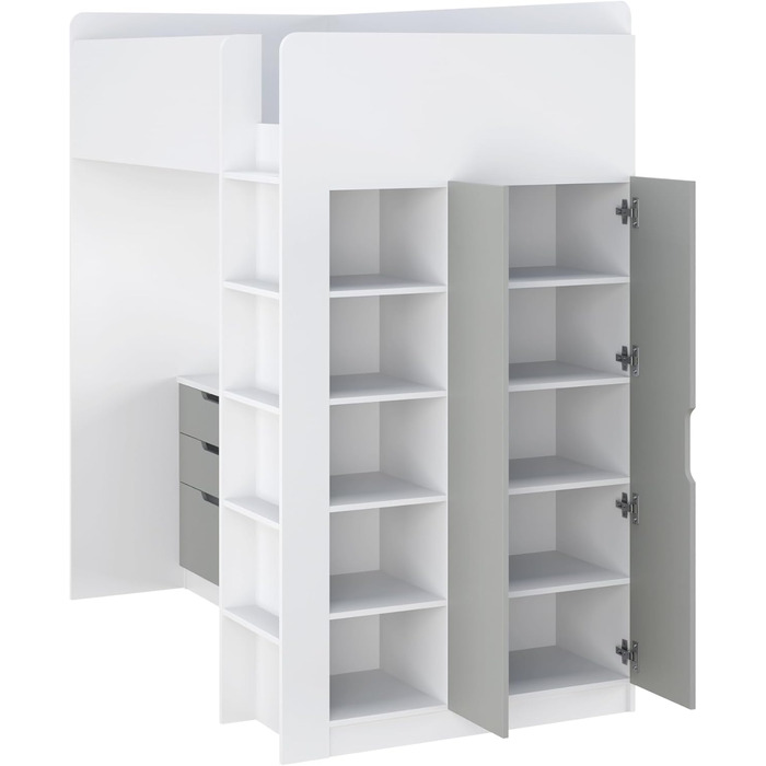 Дитяче ліжко-горище Shefa з письмовим столом - компактне ліжко-горище 5-в-1 для дітей зі сходами, шафою, полицею та робочою зоною - сірого кольору, вантажопідйомність до 90 кг, розміри 206 x 107 см