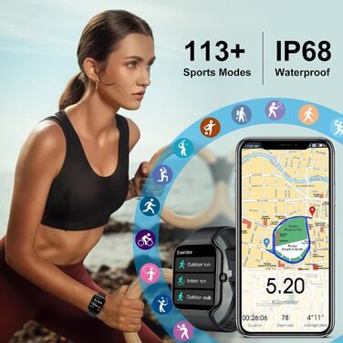 Розумний годинник для чоловіків та жінок, 1,96-дюймовий HD-розумний годинник з функцією телефону, 113 спортивних режимів, фітнес-трекер, пульсометр, монітор сну, SpO2, крокомір, водонепроникний фітнес-годинник IP68 для iOS та Android, чорний, M