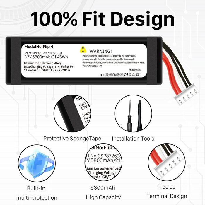 МАг Акумулятор для JBL Flip 4, змінний акумулятор високої ємності, сумісний з JBL Flip 4, акумулятор для Bluetooth-колонки Flip 4 Special Edition, артикул GSP872693 01, 5800