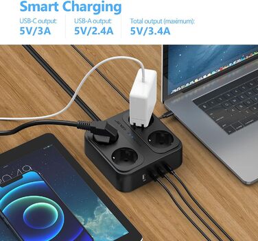 Розетка на кілька розеток, розетка JSVER на кілька розеток з 4 відділеннями, 3 розетки USB A і 1 розетка USB C з вимикачем, настін