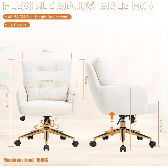 Офісне крісло з м&39якої оксамитової тканини, обертове на 360 крісло з колесами, крісло з регульованою висотою з металевими ніжками та подушкою, бежеве офісне крісло
