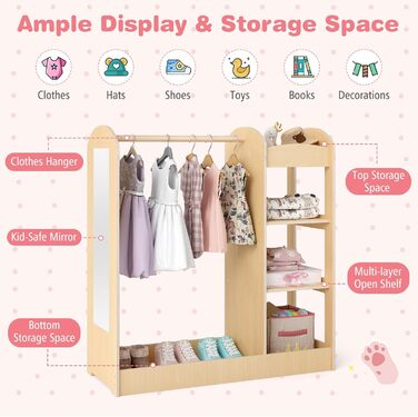Дитяча вішалка для одягу FANTASK, дерев&39яна шафа з дзеркалом та 4 полицями, багатофункціональна дитяча полиця для дитячих кімнат та ігрових кімнат, натуральний колір