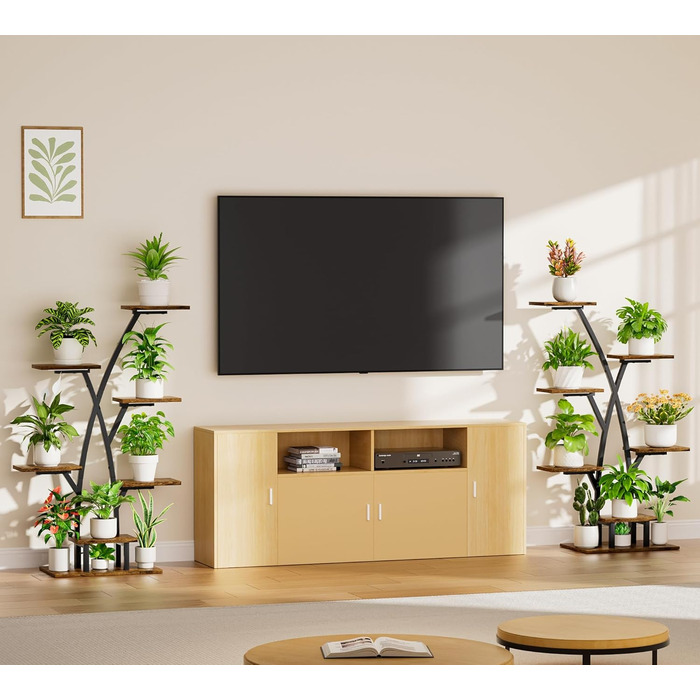 Підставка для рослин з лампою для вирощування - 7-ярусна підставка для квітів 105 см, полиця для рослин з металу та дерева - Квіткові драбини для приміщень та вулиці - Декоративна чорна квіткова підставка для балкону в приміщенні