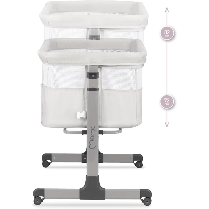 Багатофункціональне приліжкове та дитяче ліжко Momi REVO, 6-рівневе регулювання висоти від 72 до 82 см, з колесами, включаючи матрац, кріпильні ремені, сітку від комах та ручку з іграшками