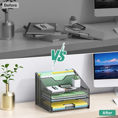 Настільний органайзер OUTWOLF з тримачем для файлів, 3-рівневий органайзер для паперів 2 вертикальні відділення, сітчастий металевий настільний органайзер для файлів A4, паперу, книг, офісного приладдя, чорний