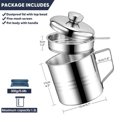 Контейнер для жиру Chihee Економія жиру для бекону з нержавіючої сталі з дрібним сітчастим ситечком 1,2 л Контейнер для олії з пилонепроникною кришкою Протиковзкий піддон для кухні для смаження Приготування їжі Зберігання жиру Масляне ситечко