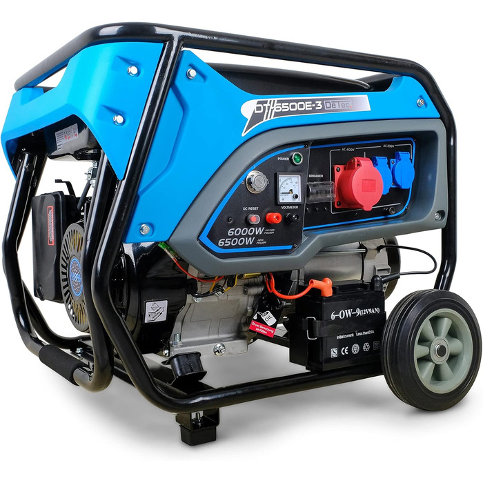 Бензиновий генератор 15 к.с. з електричним стартером Мобільний генератор 400 В 2 x 230 В 6,5 кВт 3-фазний високовольтний генератор 4-тактний бензиновий двигун 420 куб.см Тихий генератор 93 дБ(A)