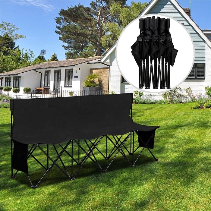 Лавка для кемпінгу Yaheetech, складна лавка, запасна лавка, футбольне сидіння, складна лавка для 4 осіб з сумкою для перенесення, чорна, 184x50x82,5 см