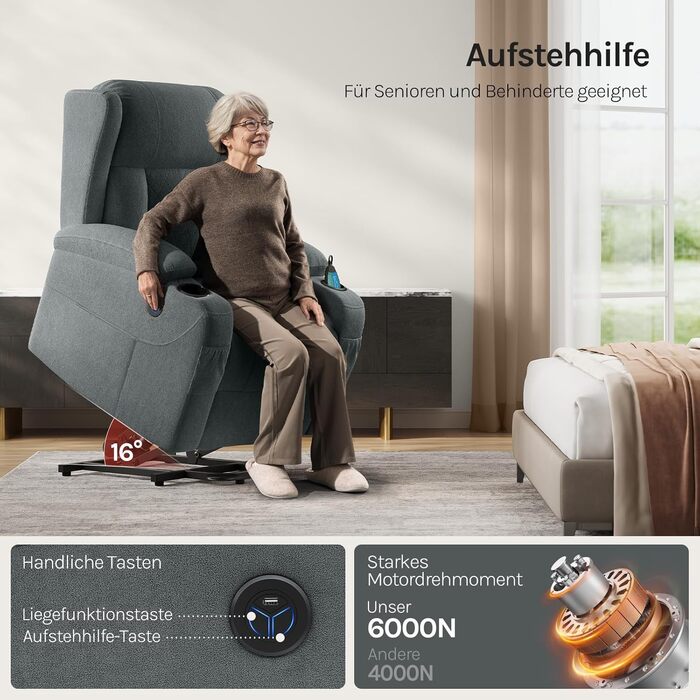 Масажне крісло WOLTU, електрично регульоване, з функцією нахилу спинки, підйомник, масаж з підігрівом, підставка для ніг, бічні кишені, підстаканники, USB-порт, махрова тканина, сірий