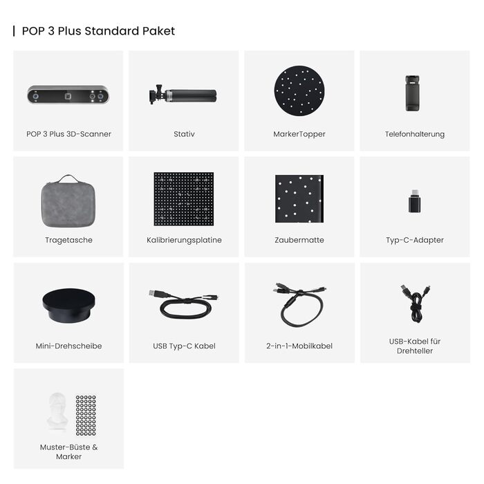 Сканер Revopoint POP 3 Plus для 3D-друку, ручний сканер із високою точністю 0,04 мм, повнокольорове сканування середніх обєктів, 3