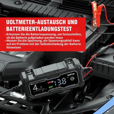 Автомобільний зарядний пристрій EAFCar, розумний повністю автоматичний зарядний пристрій 4A 12V з РК-екраном, підходить для автомобіля, вантажівки, мотоцикла, газонокосарки, човна, морських акумуляторів