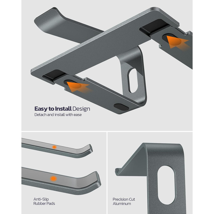Підставка для ноутбука Nulaxy з алюмінію, ергономічна, розбірна, з вентиляцією для столу. Сумісна з MacBook, Dell, HP, Samsung, Lenovo, ноутбуками 10-16 дюймів, сірого кольору (A-сірий).