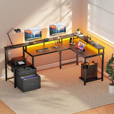 Кутовий письмовий стіл YOUDENOVA з шухлядами, L-подібний, 168x100 см, ігровий стіл зі світлодіодним підсвічуванням, комп&39ютерний стіл з розеткою та портом зарядки USB, офісний стіл, чорний, 168*100*88,5 см
