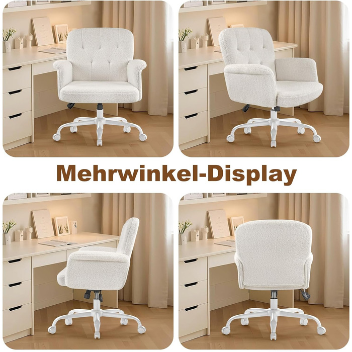 Офісне крісло ZZH для домашнього офісу, зручне, м&39яке, пухнасте крісло для туалетного столика з колесами та підлокітниками, миле поворотне комп&39ютерне сидіння з плюшевого оксамиту для спальні, макіяж, білий колір