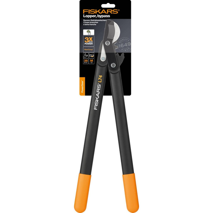 Садові секатори Fiskars PowerGear II з обвідним механізмом для свіжої деревини, з антипригарним покриттям, виготовлені з міцної інструментальної сталі, довжина 55 см, чорно-помаранчеві, L74, 1000582 L74 (діаметр гілок до 3,8 см)