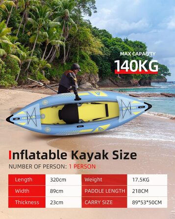 Надувний каяк Abahub 320 см/420 см з веслом для каяка, сидінням для каяка, підставкою для ніг, ручним насосом та сумкою для каякінгу, каное, надувний човен 1/2 сидіння 320/420x89x23 см світло-блакитний 1 сидіння 320 см