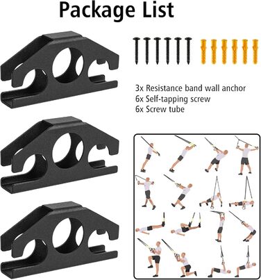 Настінні анкери для еспандерів - компактні настінні анкери для домашнього спортзалу, силових тренувань, фізичної терапії, фітнесу з монтажними гвинтами, 3 шт.