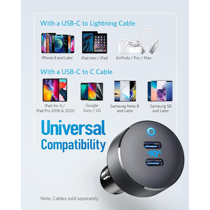 Автомобільний зарядний пристрій Anker PowerDrive III Duo USB-C, 40 Вт 2-портовий зарядний пристрій PowerIQ 3.0, Power Delivery для