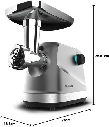 Електрична м'ясорубка Cecotec Crusher 1400 Steel, 1360 Вт, для подрібнення та нарізання, 1 сталевий ніж та 3 диски з отворами 3 мм, 5 мм і 7 мм