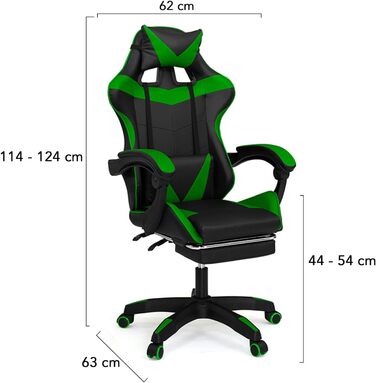 Регульоване ігрове крісло Alex з підніжкою, подушками для голови та попереку, чорно-зелене