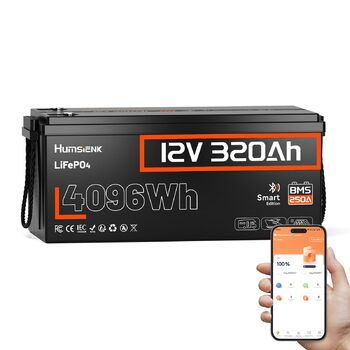 Літій-іонний акумулятор HumsiENK 12V 320Ah LiFePO4 з Bluetooth, 250A BMS, понад 15 000 циклів, захист IP65 та захист від низьких температур, енергія 4096 Втгод. Ідеально підходить для автофургонів. 12V 320Ah Bluetooth-250A
