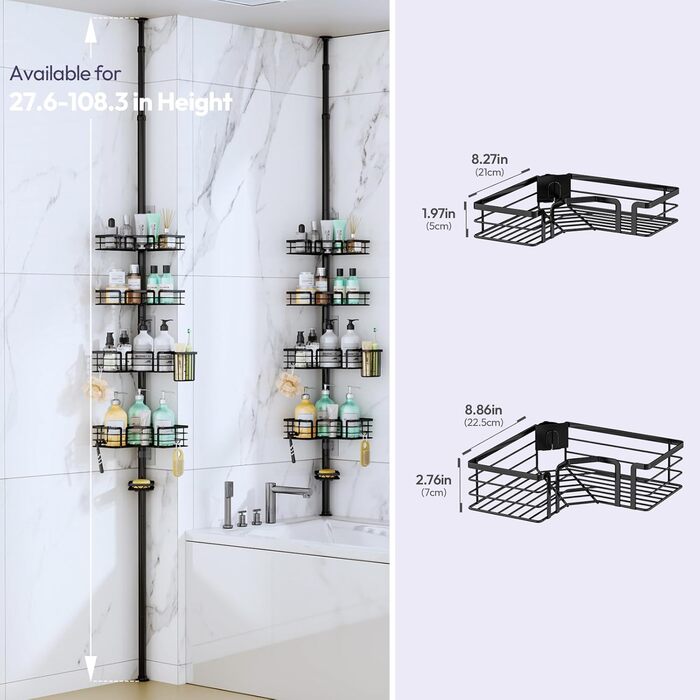 Кутова полиця для душу телескопічна SWTYMIKI - 4-ярусна, з мильницею, тримачем для зубних щіток та 4 гачками, регульована, з нержавіючої сталі, монтаж без свердління, 70-275 см, чорна