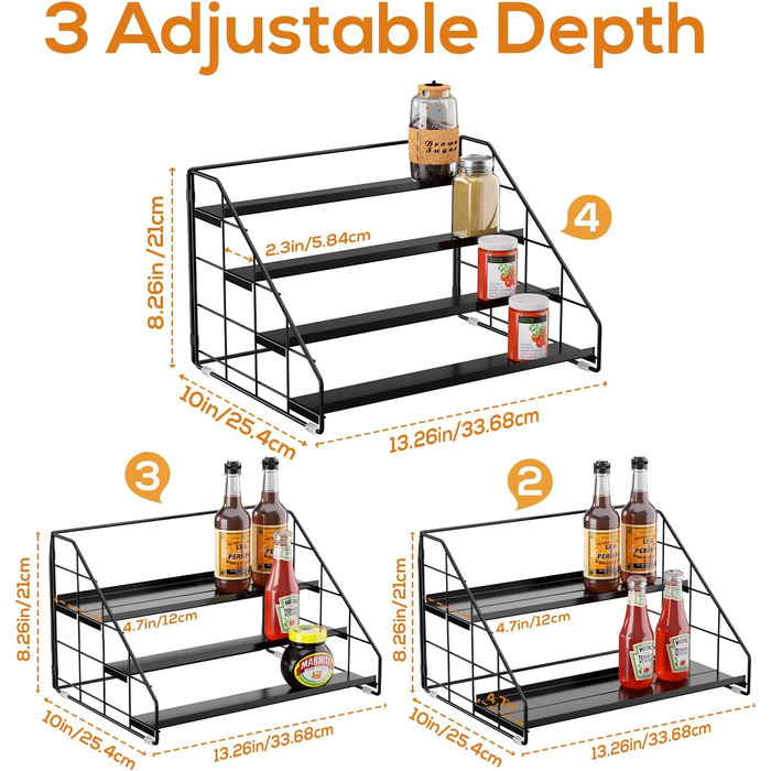 Рівнева підставка для спецій, не потребує свердління, регульована підставка для спецій, сходи для спецій, шафа для спецій, зберігання спецій для кухні, стільниці, комори (чорна, 2 шт.) XXL, 4-