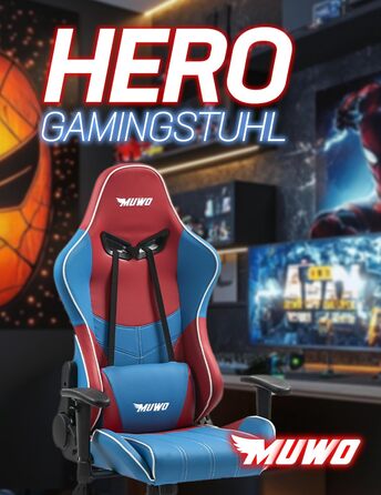 Ігрове крісло MUWO Hero для кіберспорту ергономічне з регульованою спинкою (від 90 до 170), регульованим по висоті сидінням, знімними подушками для голови та спинки та функцією повороту на 360 (жовтий/червоний)