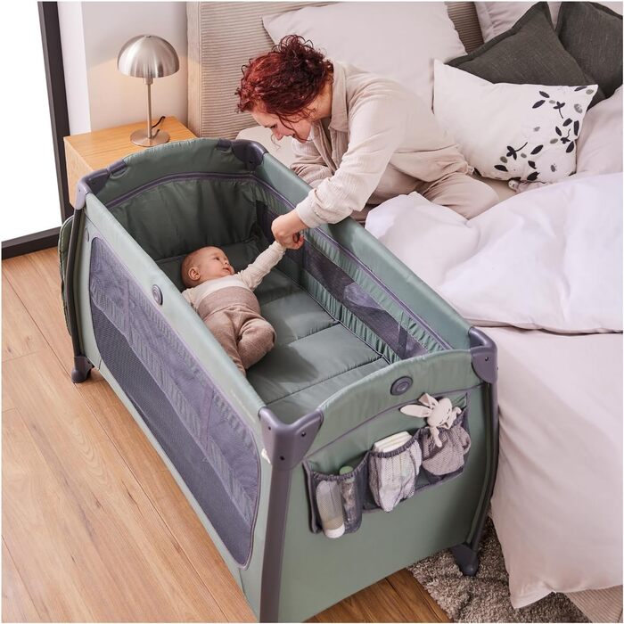 Темно-зелений - дитяче ліжечко для подорожей від народження до 15 кг з вкладишем для новонароджених, пеленальний килимок, сумка для перенесення, колеса, ігрова зона XL, компактна та складається. Play N Relax Center темно-зелений
