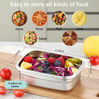 Контейнери для зберігання продуктів Misichao з нержавіючої сталі з кришками, штабелювані контейнери для їжі для кухні та комори, герметичні, багаторазові, металеві ланч-бокси Bento для дітей та дорослих, 650 мл, 4 білих жовтих рожевих зелених 650 мл 650 м