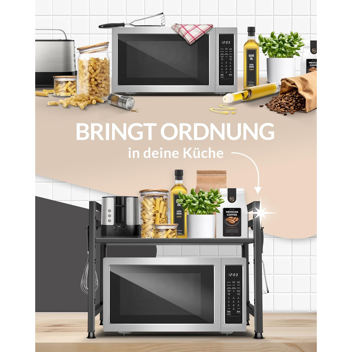 Полиця для мікрохвильової печі, кухонна полиця, стояча, сталь (2-рівнева) Полиця для мікрохвильової печі, шафа для мікрохвильової печі Полиця для зберігання, полиця для пекарні, регульовані по висоті та довжині полиці відеоінструкції, гачки - Чорний, 2-рі