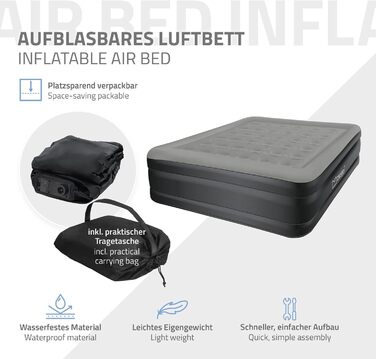 Надувний матрац ML-Design для 2 осіб 203x157x47 см сірого кольору, сертифікований TV, самонадувальний надувний матрац з електричним повітряним насосом 230 В, надувний матрац для кемпінгу, гостьове ліжко, двоспальне ліжко сумка для перенесення, сірий