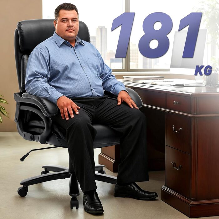 Крісло керівника COLAMY XXL 181 кг - Офісне крісло зі шкіри з високою спинкою, регульованими підлокітниками та структурованою спинкою - Надзвичайно широке сидіння (59 см) для домашнього офісу та офісу, Чорний Black-002 Oversized
