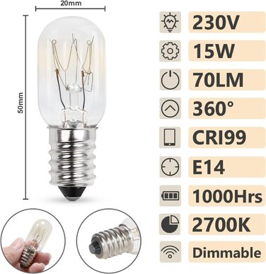 Лампа для холодильника Comyan 15 Вт E14, T20 Лампочки для холодильника 2700 К Теплий білий, 230 В з регулюванням затемнення для швейних машин, соляна лампа, морозильна камера - 2 шт.