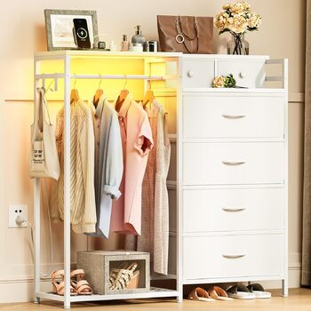 Комод Coleshome з вішалкою для одягу, світлодіодним освітленням та розеткою, двосторонній дизайн з 6 шухлядами, тканинний комод для спальні та вітальні, 110 x 30 x 106 см, білий