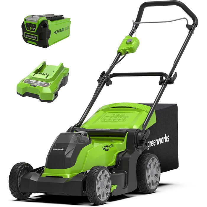 Акумуляторна газонокосарка Greenworks G40LM41K25 для площі до 300 м, ширина зрізу 41 см, 50-літровий мішок ПЛЮС акумулятор 40 В 2,5 Ач та зарядний пристрій, 3-річна гарантія вкл. акумулятор 2,5 Ач зарядний пристрій