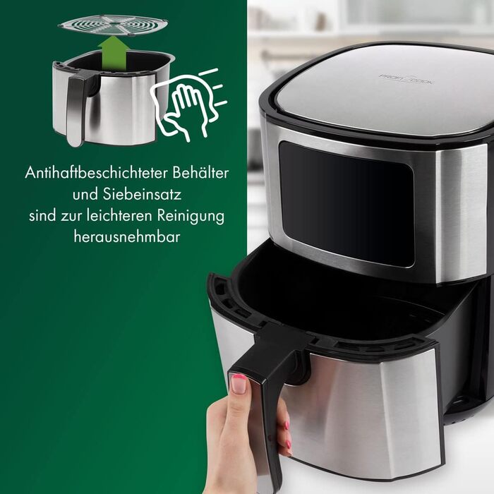 Фритюрниця ProfiCook Фритюрниця 1400 Вт Гаряче повітря 5,5 л Місткість XXL Без масла та жиру Фритюрниця Світлодіодний сенсорний екран 7 Програми Нержавіюча сталь для картоплі фрі, нагетсів і багато іншого. PC-FR 1239 H