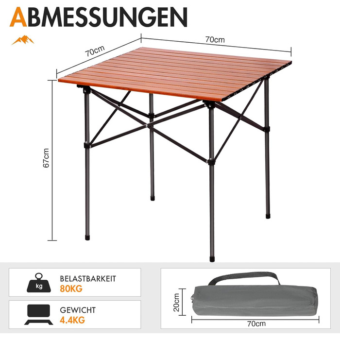 Складаний кемпінговий стіл PORTAL з алюмінієвою стільницею, вантажопідйомність 80 кг, з сумкою для перенесення для пікніків, барбекю, саду, балкону, коричневий