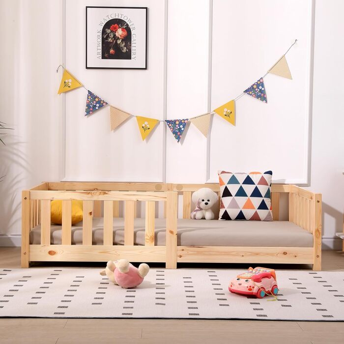 Дитяче ліжко ecomi 80x160 із захистом від падіння, Ліжко на підлозі, Рейкова основа для дітей, Дитячі ліжка для дівчаток та хлопчиків, Масив сосни з натуральним покриттям, 80 x 160 см