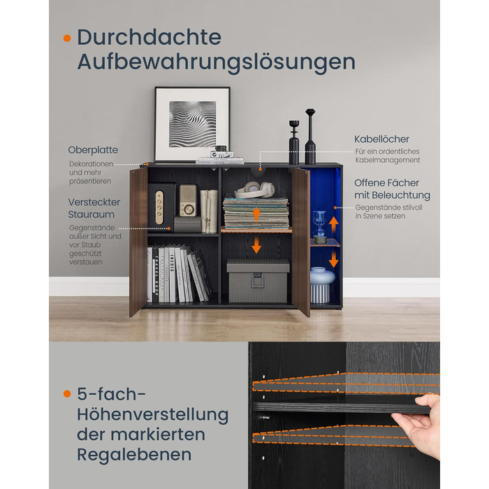 Сервант, надшвидке складання без інструментів, технологія без інструментів, шафа для зберігання у вітальні, тумба під телевізор зі світлодіодним підсвічуванням, регульовані полиці, сучасний, чорний BBK372B01 Натуральний горіх Чорне ебенове дерево