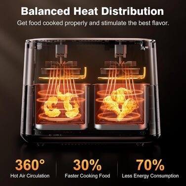 Двозонна фритюрниця з оглядовим вікном, подвійна фритюрниця ємністю 9 л XL, 2 висувні ящики, попередні налаштування приготування 9-в-1, сенсорний екран, розумний екран і функція таймера, здорова фритюрниця без олії та приготування з низьким вмістом жиру