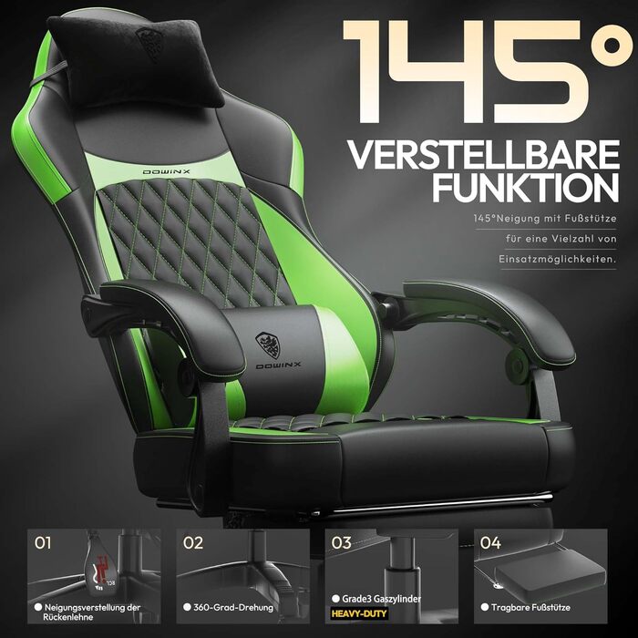 Ігрове крісло Dowinx, гоночне ігрове крісло, ергономічне ігрове крісло з поперековою опорою, ігрове крісло зі штучної шкіри 150 кг, зелене