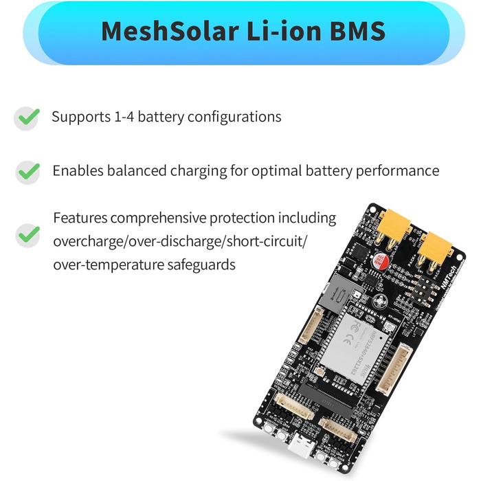Плата розробки MeshSolar для підключення літій-залізо-фосфатних систем BMS BLE/LoRa, мікросхема nRF52840 MCU SX1262 LoRa. Підтримує Bluetooth та LoRa 868 МГц. Сумісний з літій-залізо-фосфатними акумуляторами Meshtastic.